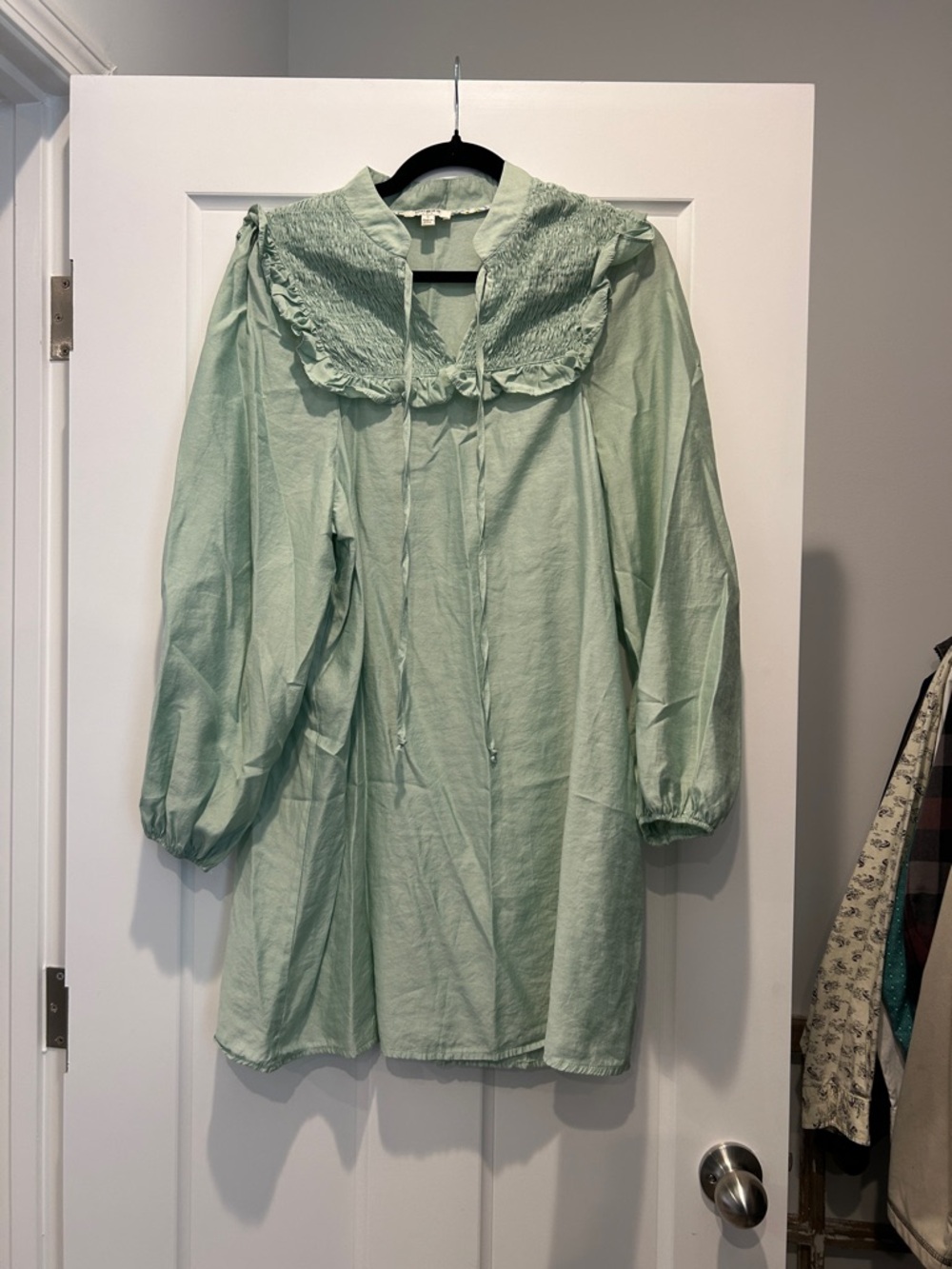 Umgee Mint Green Long Sleeve Smock Dress with Ruffle Collar